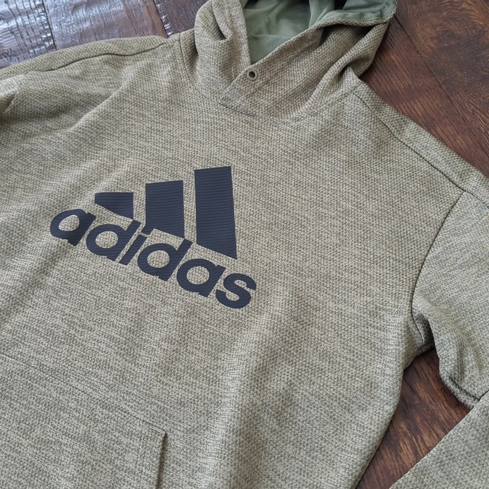 ADIDAS I Light Olive Green Climawarm Black Logo Pullover Hoodie Sweatshirt, M